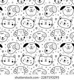 Cute seamless pattern with cats and dogs on white background. Vector hand-drawn illustration in doodle style. Perfect for print, decorations, wrapping paper, wallpaper.