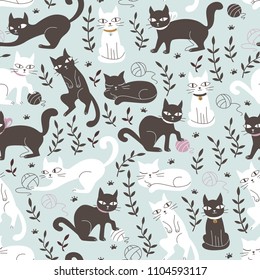 Cute Seamless Pattern with Cats in Doodle Style. Hand Drawn Vector Illustration.