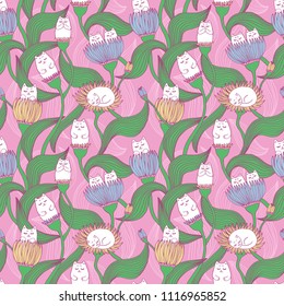 Cute seamless pattern with cats and flowers. Wallpapers for kids. Drawing for pajamas and linen.  Vector illustration.