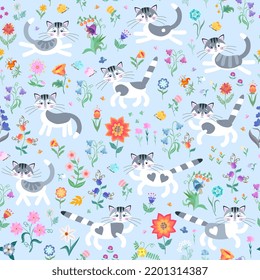 Cute seamless pattern with cats and flowers. Lovely print for fabric
