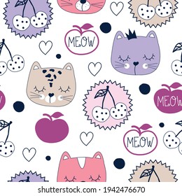 Cute seamless pattern with cats and fruits, cherry and apple. Can be used for textile,  background, book cover, packaging.