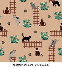 Cute seamless pattern with cats, garden, flowers, light background, flat, hand drawn, vector