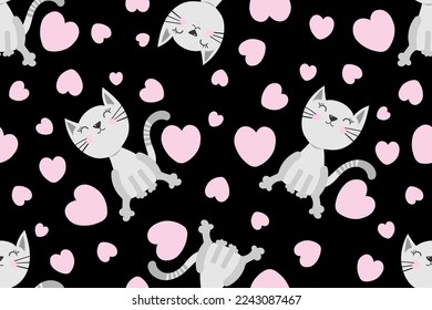 Cute seamless pattern with cats, gray hand drawn kitty and pink hearts. Pattern for t-shirt, textile, fabric, web, poster, card and other design.