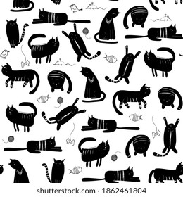 Patrón perfecto con gatos. Dibujo manual, estilo garabato. Impresión vectorial para tela de bebé o papel tapiz.
