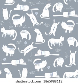 Cute seamless pattern with cats. Hand drawing, doodle style. Vector print for baby fabric or wallpaper.