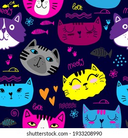 Cute seamless pattern with cats.
Hand drawn kids backgorund for textile,  fashion, wrapping paper, graphic tees