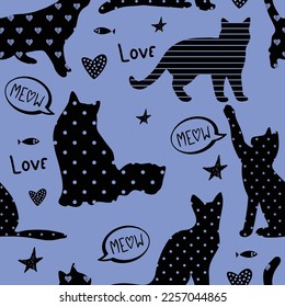 Cute seamless pattern with cats.
Hand drawn kids backgorund for textile,  fashion, wrapping paper, graphic tees