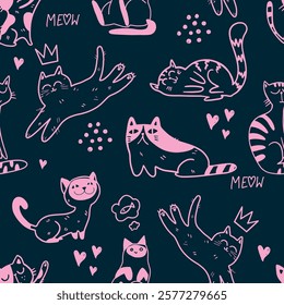 Cute seamless pattern with cats.
Hand drawn kids backgorund for textile,  fashion, wrapping paper, graphic tees