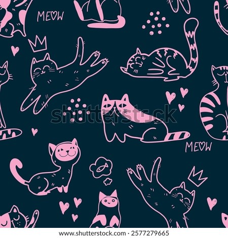 Cute seamless pattern with cats.
Hand drawn kids backgorund for textile,  fashion, wrapping paper, graphic tees