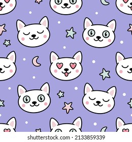 Cute seamless pattern with cats head, stars and moon. Vector graphic illustration. Background in kawaii cartoon style.