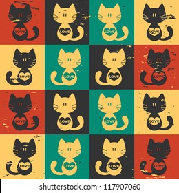 Cute seamless pattern cats with hearts