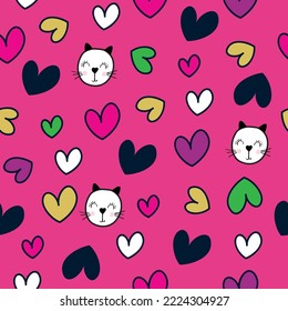 Patrón perfecto con ilustración vectorial de gatos y corazones.