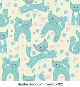 Cute seamless pattern with cats, hearts and dots. Can be used for wallpapers, pattern fills, web page backgrounds,surface textures. Childish background in vector