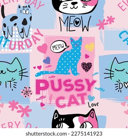 Cute seamless pattern with cats.
kids hand drawn kitty . Pattern for t-shirt, textile, fabric, web, poster, card and other design.