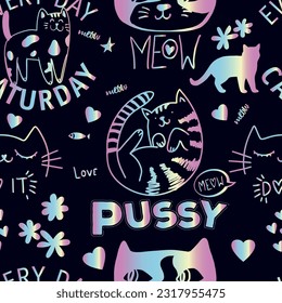 Cute seamless pattern with cats.
kids hand drawn kitty . Pattern for t-shirt, textile, fabric, web, poster, card and other design.