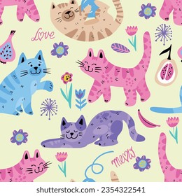 Cute seamless pattern with cats.
kids hand drawn kitty . Pattern for t-shirt, textile, fabric, web, poster, card and other design.