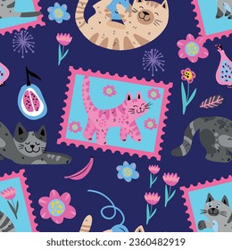 Cute seamless pattern with cats.
kids hand drawn kitty . Pattern for t-shirt, textile, fabric, web, poster, card and other design.