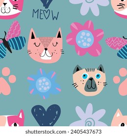 Cute seamless pattern with cats.
kids hand drawn kitty . Pattern for t-shirt, textile, fabric, web, poster, card and other design.