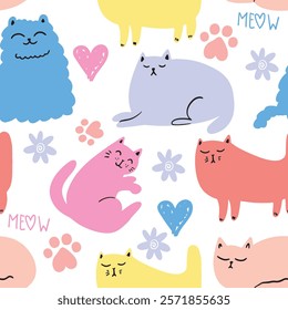 Cute seamless pattern with cats.
kids hand drawn kitty . Pattern for t-shirt, textile, fabric, web, poster, card and other design.