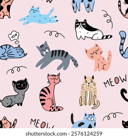 Cute seamless pattern with cats.
kids hand drawn kitty . Pattern for t-shirt, textile, fabric, web, poster, card and other design.