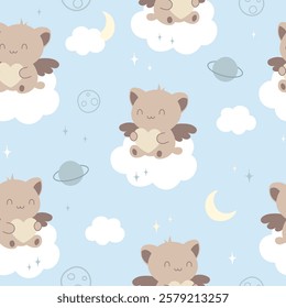 Cute seamless pattern with Cats, Moon and Clouds. Vector childish cartoon animal illustration on a blue background. Cat hugs the heart. Sweet dream Collection. Printing on fabric, wallpaper, clothing.