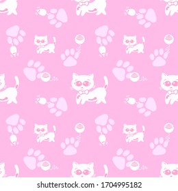 Cute seamless pattern with cats, mouse in doodle style for children. Hand drawn vector illustration. Isolated background repeat wallpaper cartoon.