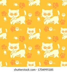 Cute seamless pattern with cats, mouse in doodle style for children. Hand drawn vector illustration. Isolated background repeat wallpaper cartoon.