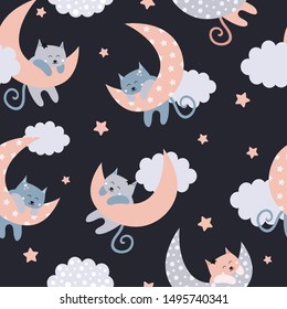 Cute seamless pattern with cats on the moon. Cute cats in the sky among the stars, the moon, clouds. Children vector background. The press on fabric, clothes, wallpaper, paper.