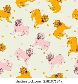 Cute seamless pattern with cats with open mouth and tongue hanging out. Vector print, design, background