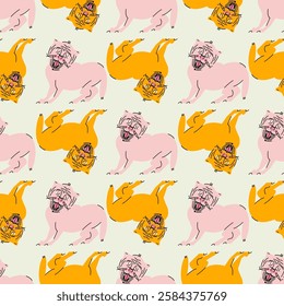 Cute seamless pattern with cats with open mouth and tongue hanging out. Vector print, design, background