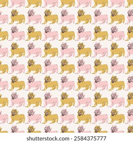 Cute seamless pattern with cats with open mouth and tongue hanging out. Vector print, design, background