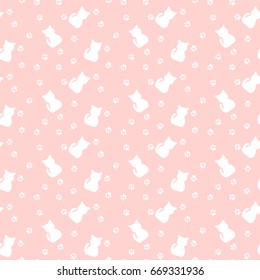 Cute seamless pattern with cats, paw prints Vector illustration