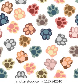 Cute seamless pattern. Cat's paws, color print on a white background