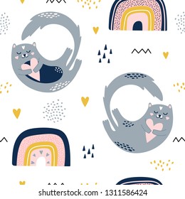 Cute seamless pattern with cats and rainbows. Vector childish illustration in scandinavian style on a white background. Cat hugs the heart. Printing on fabric, wallpaper, clothing.
