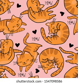 Cute seamless pattern with cats.
red hand drawn kitty . Pattern for t-shirt, textile, fabric, web, poster, card and other design.