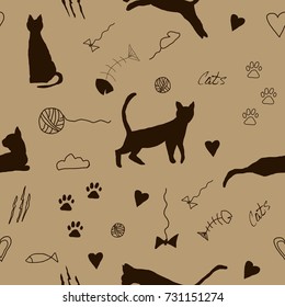 Cute seamless pattern with cats silhouettes