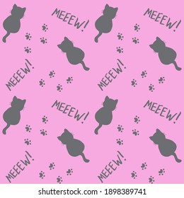 Cute seamless pattern with cats, steps and mew quote. Pink and grey colors. Doodle cartoon style. Modern abstract design for packaging, paper, cover, fabric, cards, textile. Vector illustration