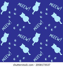 Cute seamless pattern with cats, steps and mew quote. Blue colors. Doodle cartoon style. Modern abstract design for packaging, paper, cover, fabric, cards, textile. Vector illustration