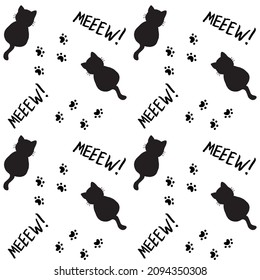 Cute seamless pattern with cats, steps and mew quote. Blue colors. Doodle cartoon style. Modern abstract design for packaging, paper, cover, fabric, cards, textile. Vector illustration. 