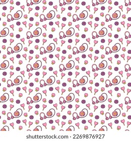Cute seamless pattern with CD player, CD, cupcake and lollipop. Color cartoon vector illustration.