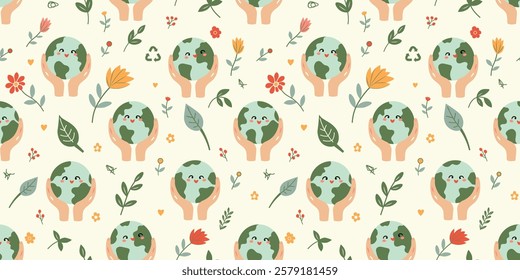 The Cute Seamless Pattern Celebrating Earth Day. Eco-Friendly Elements Such as Smiling Earths, Trees, Leaves, Flowers, Recycling Symbols, Hearts, And Hands Holding the Planet.