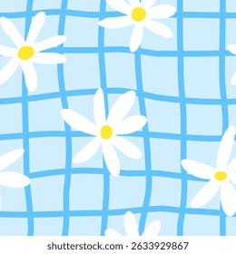 Cute seamless pattern with chamomile flowers and waterpool texture. Summer water and flowers background.