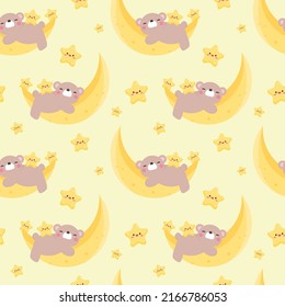 Cute seamless pattern character bear sleeping on half moon with little star suitable for wrapping paper, wallpaper, fabric kids and etc.