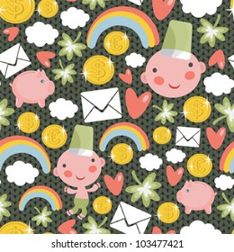 Cute seamless pattern with characters for St. Patrick`s Day. Vector illustration on textured background.