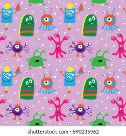 Cute seamless pattern with a cheerful smiley monsters