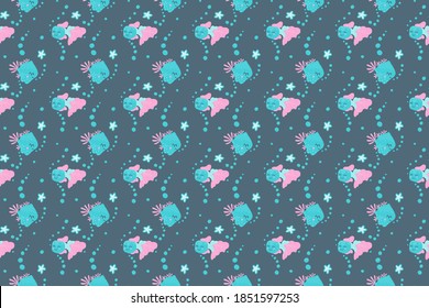 Cute seamless pattern of cheerful smiling floating fish, bubbles and starfishes. Cartoon magical underwater world on a dark background in the Scandinavian style. Children's design. Vector.