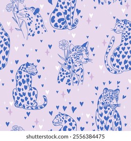 Cute Seamless Pattern with Cheetahs, Leopards, and Flowers. Hand-Drawn Vector background