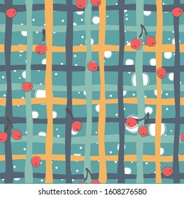 Cute Seamless Pattern cherries background. hand Drawn Delicate Design. Scandinavian Style. For cards, templates, gift paper, prints, decorations, templates, etc. Vector Illustration