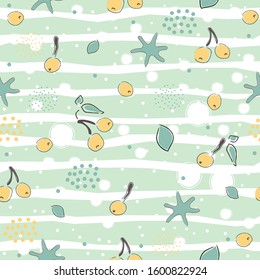 Cute Seamless Pattern with cherries and dotted background. hand Drawn Delicate Design. Scandinavian Style. For cards, templates, gift paper, prints, decorations, templates, etc. Vector Illustration