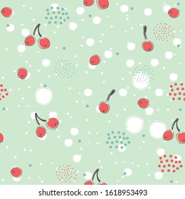 Cute Seamless Pattern cherries dotted background. hand Drawn Delicate Design. Scandinavian Style. For cards, templates, gift paper, prints, decorations, templates, etc. Vector Illustration